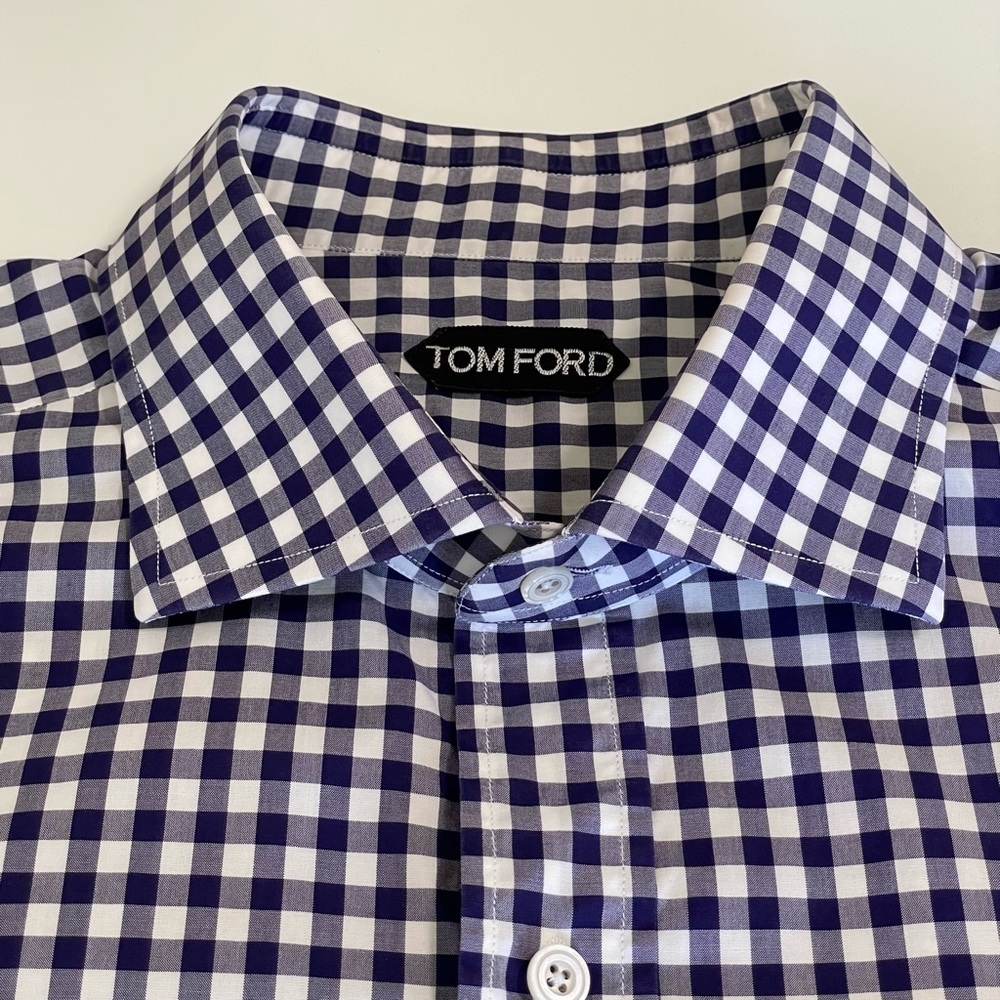 Tom Ford Men’s Slim Fit Gingham Check French Cuff Dress Shirt Blue 43 EU 17 US - Picture 8 of 16